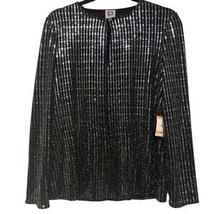 Anne Klein Sequin Jacket Size S Black Silver Sparkle Long Sleeve Open Front NWT